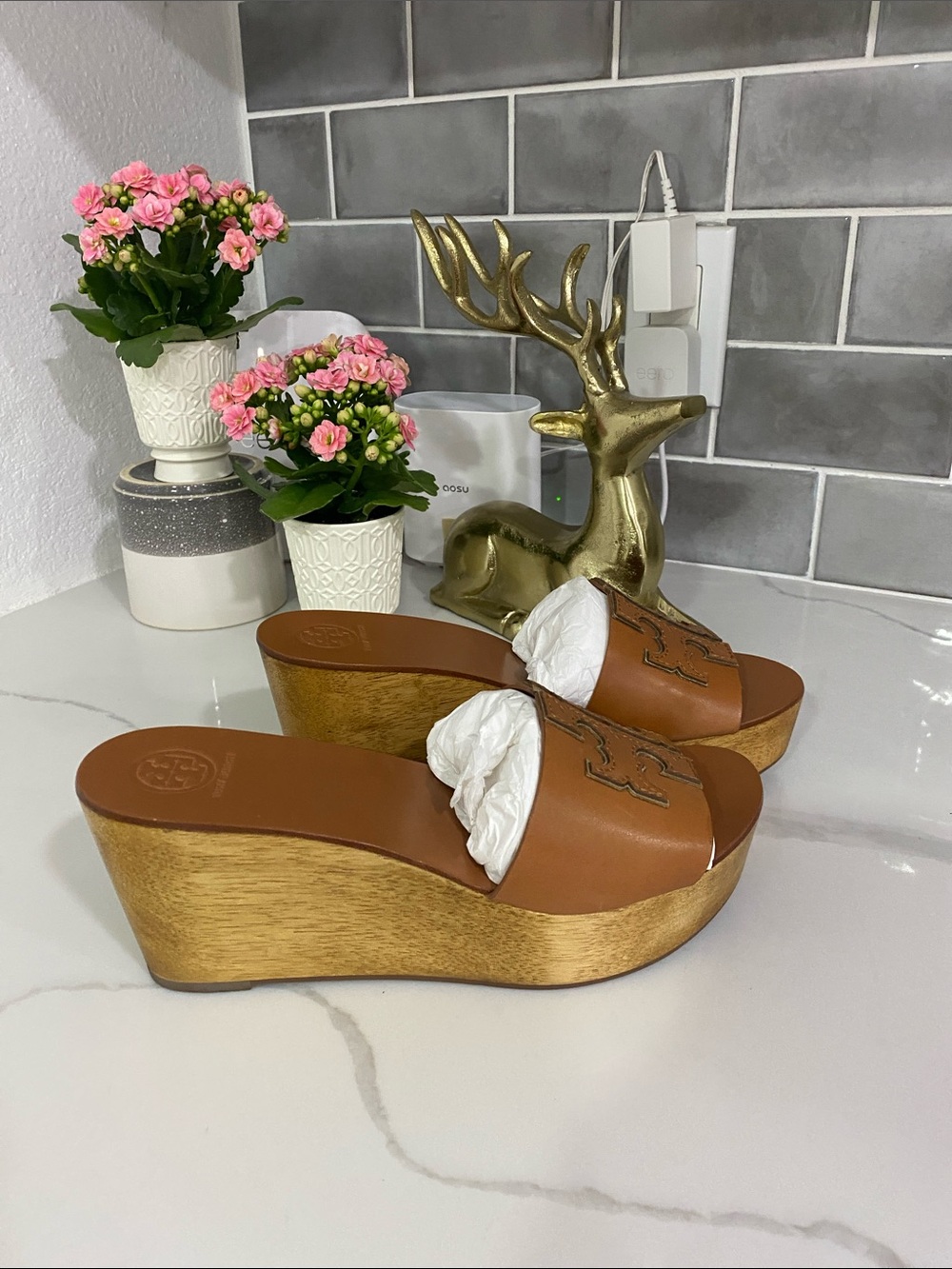 Tory Burch Tan Leather Logo Slide Mules - Picture 3 of 5